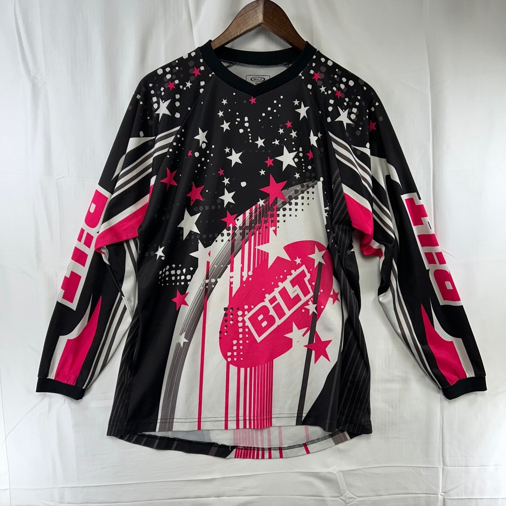 Bilt Motocross Jersey Mens‎ Small Black Pink Star Graphic Long Sleeve Racing Top